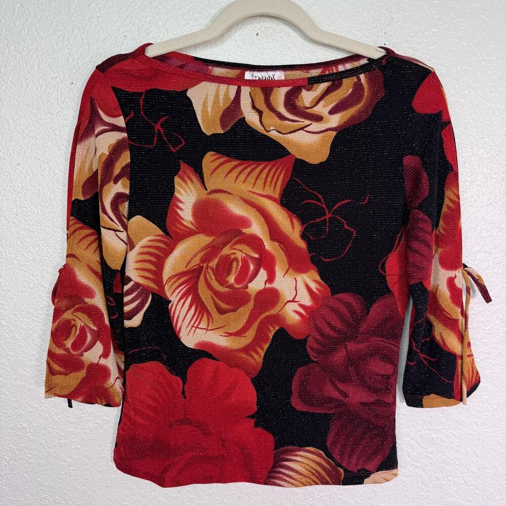 Vintage Jonanas Top Womens Large Rose Floral Metallic Shimmer Knit Blouse 90s